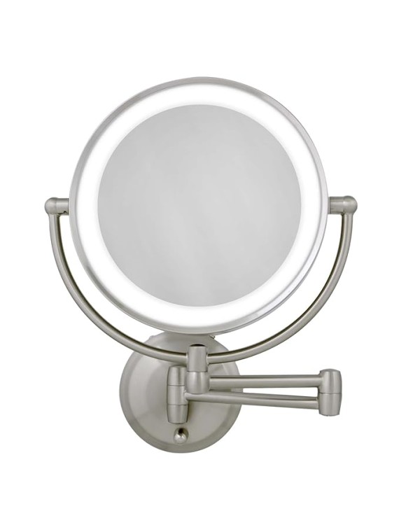 11" LED Wall Mounted Makeup Mirror 5X/1X Shaving Mirror Plug in or Battery Operated Vanity Mirrors for Wall (Large | 5X/1X | 11" x 14.5", Satin Nickel)