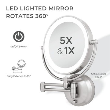 11" LED Wall Mounted Makeup Mirror 5X/1X Shaving Mirror Plug in or Battery Operated Vanity Mirrors for Wall (Large | 5X/1X | 11" x 14.5", Satin Nickel)