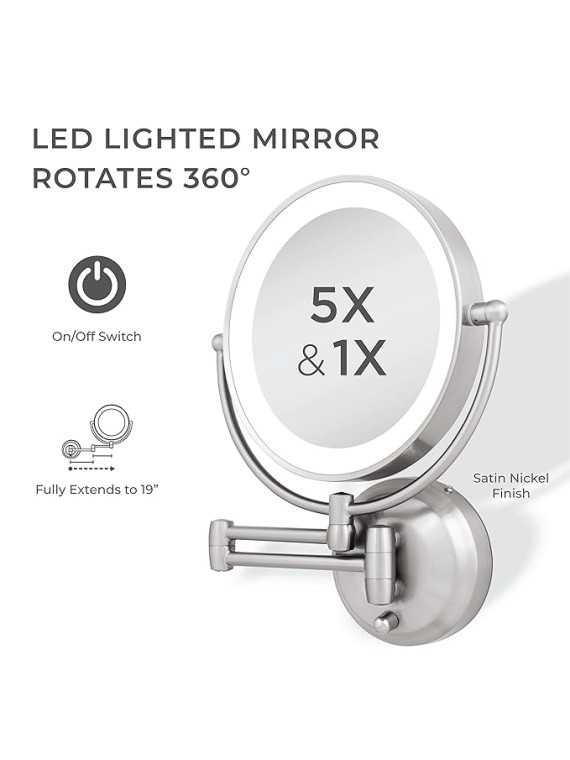 11" LED Wall Mounted Makeup Mirror 5X/1X Shaving Mirror Plug in or Battery Operated Vanity Mirrors for Wall (Large | 5X/1X | 11" x 14.5", Satin Nickel)