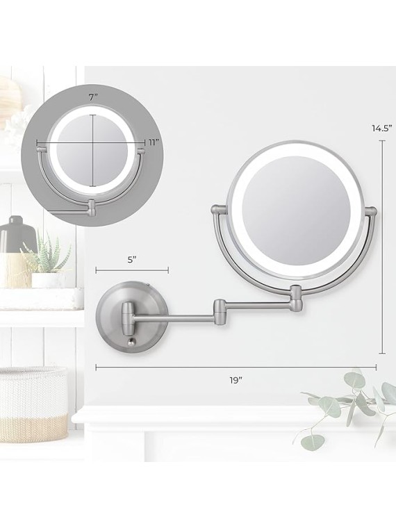 11" LED Wall Mounted Makeup Mirror 5X/1X Shaving Mirror Plug in or Battery Operated Vanity Mirrors for Wall (Large | 5X/1X | 11" x 14.5", Satin Nickel)