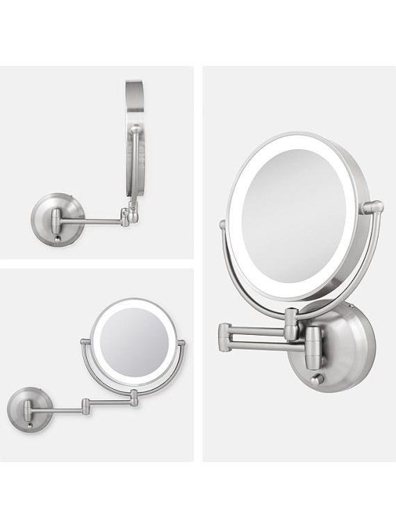 11" LED Wall Mounted Makeup Mirror 5X/1X Shaving Mirror Plug in or Battery Operated Vanity Mirrors for Wall (Large | 5X/1X | 11" x 14.5", Satin Nickel)