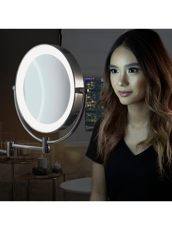 11" LED Wall Mounted Makeup Mirror 5X/1X Shaving Mirror Plug in or Battery Operated Vanity Mirrors for Wall (Large | 5X/1X | 11" x 14.5", Satin Nickel)
