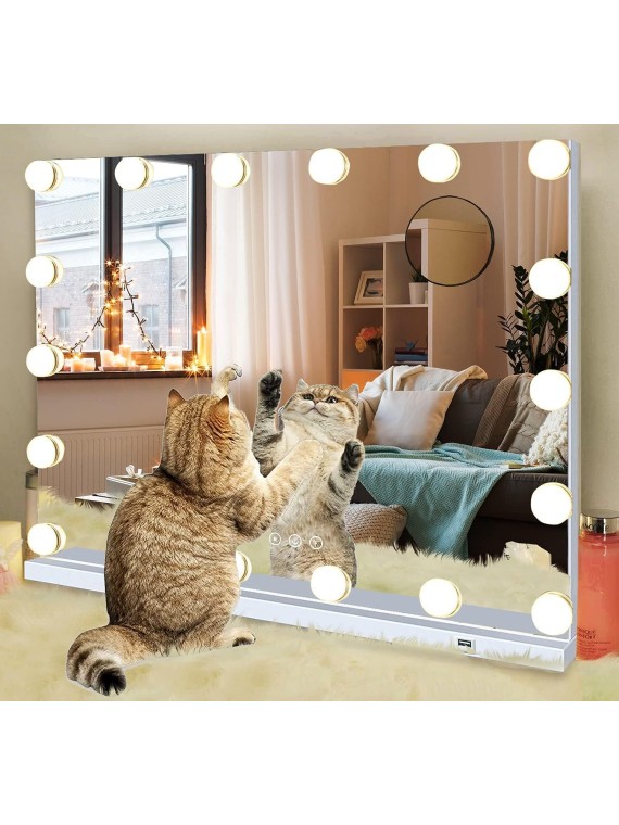 Hollywood Vanity Makeup Mirror with Lights 18 Dimmable LED Bulbs Lighted Vanity Makeup Mirror for Bedroom Makeup Table 3 Colors USB Outlets Magnifier Tabletop LED Vanity Light up Mirror