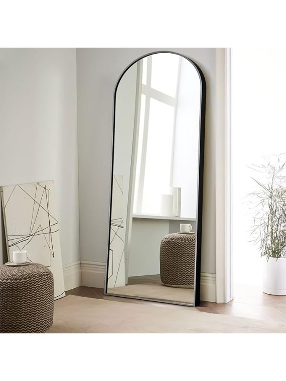 65"x22" Large Arched Full Length Floor Mirror with Stand , Bedroom Mirror Standing or Leaning Against Wall Aluminum Alloy Frame Dressing Mirror, Black