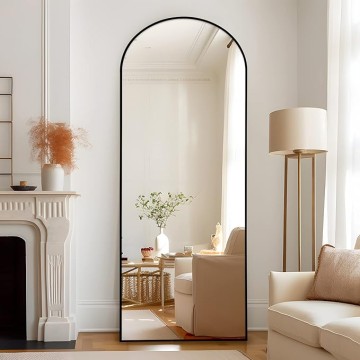 65"x22" Large Arched Full Length Floor Mirror with Stand , Bedroom Mirror Standing or Leaning Against Wall Aluminum Alloy Frame Dressing Mirror, Black
