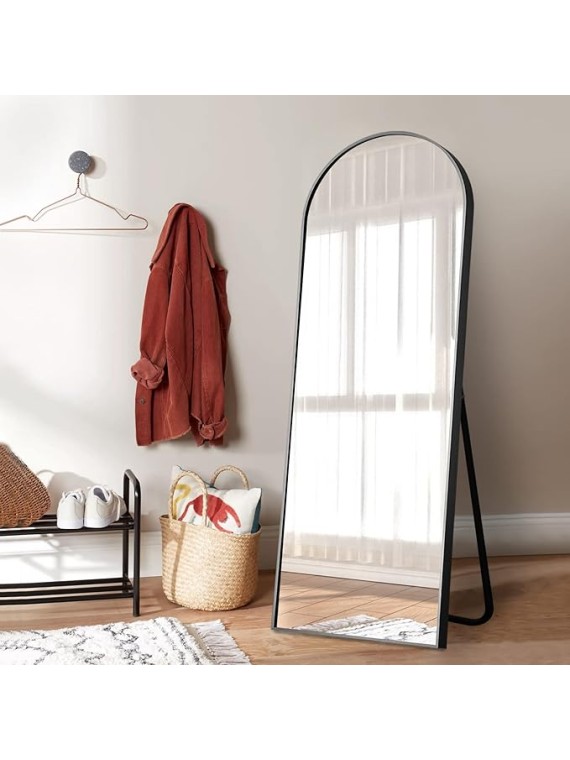 65"x22" Large Arched Full Length Floor Mirror with Stand , Bedroom Mirror Standing or Leaning Against Wall Aluminum Alloy Frame Dressing Mirror, Black
