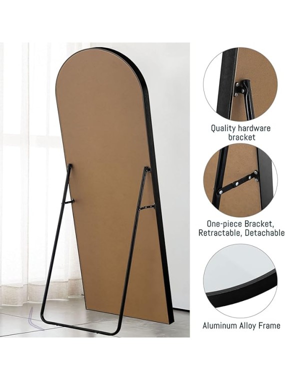 65"x22" Large Arched Full Length Floor Mirror with Stand , Bedroom Mirror Standing or Leaning Against Wall Aluminum Alloy Frame Dressing Mirror, Black