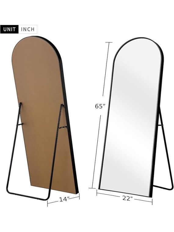 65"x22" Large Arched Full Length Floor Mirror with Stand , Bedroom Mirror Standing or Leaning Against Wall Aluminum Alloy Frame Dressing Mirror, Black