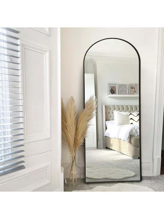 65"x22" Large Arched Full Length Floor Mirror with Stand , Bedroom Mirror Standing or Leaning Against Wall Aluminum Alloy Frame Dressing Mirror, Black