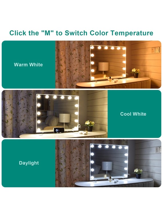 Hollywood Vanity Mirror with Lights, 14 Dimmable LED Bulbs Makeup Mirror, Tabletop or Wall-Mounted Led Light Mirror,3 Color Lighting Modes,Perfect for Dressing Room&Bedroom,Metal Frame Design