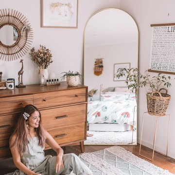 65"x22" Arched Full Length Mirror Large Arched Mirror Floor Mirror with Stand Large Bedroom Mirror Modern Arched Shape Wall Mounted Mirror Hanging or Leaning Against Wall, Wood Frame, Gold