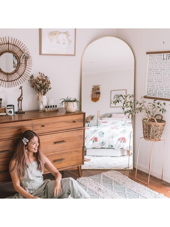 65"x22" Arched Full Length Mirror Large Arched Mirror Floor Mirror with Stand Large Bedroom Mirror Modern Arched Shape Wall Mounted Mirror Hanging or Leaning Against Wall, Wood Frame, Gold