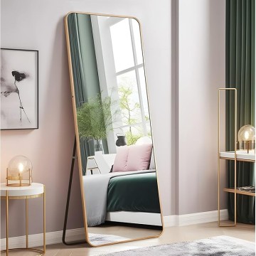 65"x22" Full Length Mirror Floor Mirror with Stand Large Bedroom Mirror Wall-Mounted Mirror Standing or Leaning Against Wall Aluminum Alloy Frame Dressing Mirror, Golden, Round Corner