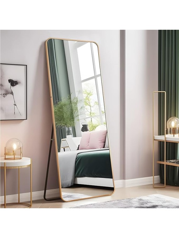 65"x22" Full Length Mirror Floor Mirror with Stand Large Bedroom Mirror Wall-Mounted Mirror Standing or Leaning Against Wall Aluminum Alloy Frame Dressing Mirror, Golden, Round Corner