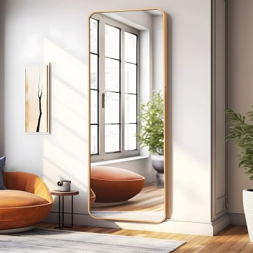 65"x22" Full Length Mirror Floor Mirror with Stand Large Bedroom Mirror Wall-Mounted Mirror Standing or Leaning Against Wall Aluminum Alloy Frame Dressing Mirror, Golden, Round Corner