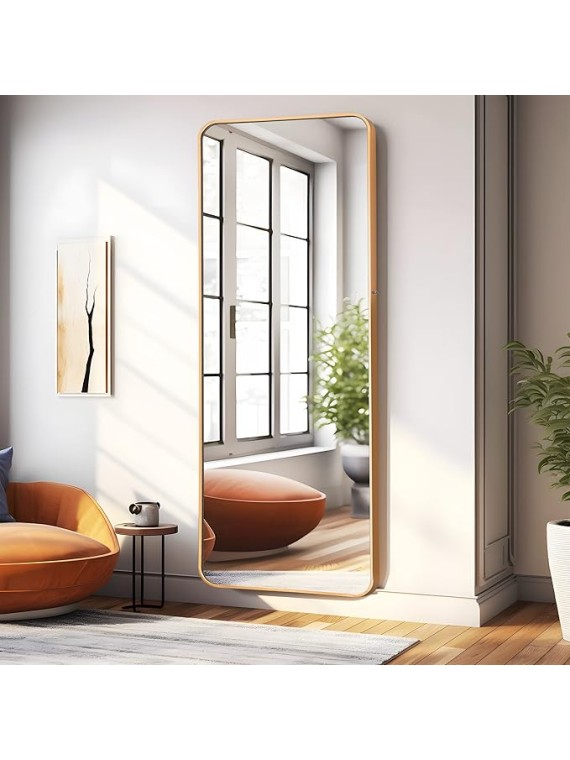 65"x22" Full Length Mirror Floor Mirror with Stand Large Bedroom Mirror Wall-Mounted Mirror Standing or Leaning Against Wall Aluminum Alloy Frame Dressing Mirror, Golden, Round Corner