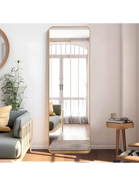 65"x22" Full Length Mirror Floor Mirror with Stand Large Bedroom Mirror Wall-Mounted Mirror Standing or Leaning Against Wall Aluminum Alloy Frame Dressing Mirror, Golden, Round Corner