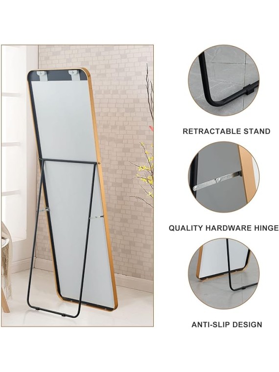 65"x22" Full Length Mirror Floor Mirror with Stand Large Bedroom Mirror Wall-Mounted Mirror Standing or Leaning Against Wall Aluminum Alloy Frame Dressing Mirror, Golden, Round Corner