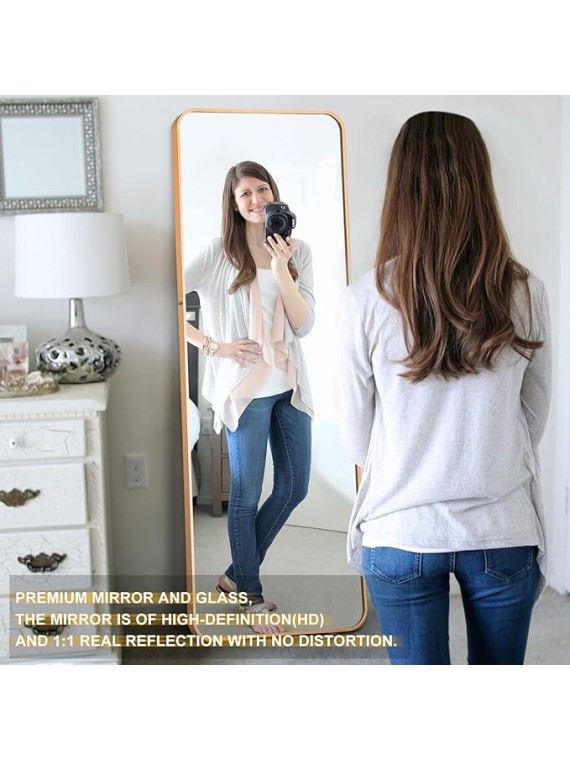65"x22" Full Length Mirror Floor Mirror with Stand Large Bedroom Mirror Wall-Mounted Mirror Standing or Leaning Against Wall Aluminum Alloy Frame Dressing Mirror, Golden, Round Corner