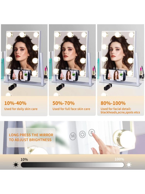 Makeup Mirror with Lights,Light up Vanity Mirror with 3 Color Lighting Modes,Desk Mirror, Detachable 10X Magnification Mirror, Touch Control,360 Rotation,Metal,White