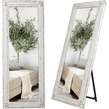Rustic Full Length Mirror with Stand 60" x 24", Hanging White Farmhouse Big Mirror Full Body for Bedroom, Leaning Wood Frame Floor Mirror Full Length, Living Room Wall Mounted Mirror