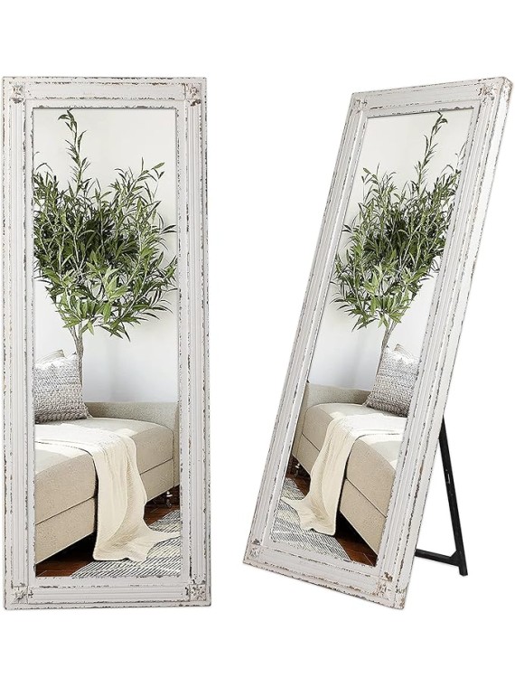 Rustic Full Length Mirror with Stand 60" x 24", Hanging White Farmhouse Big Mirror Full Body for Bedroom, Leaning Wood Frame Floor Mirror Full Length, Living Room Wall Mounted Mirror