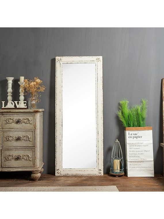 Rustic Full Length Mirror with Stand 60" x 24", Hanging White Farmhouse Big Mirror Full Body for Bedroom, Leaning Wood Frame Floor Mirror Full Length, Living Room Wall Mounted Mirror