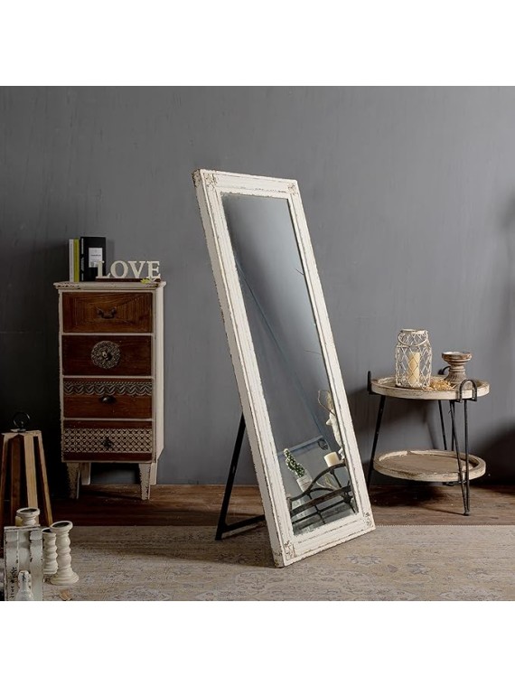 Rustic Full Length Mirror with Stand 60" x 24", Hanging White Farmhouse Big Mirror Full Body for Bedroom, Leaning Wood Frame Floor Mirror Full Length, Living Room Wall Mounted Mirror