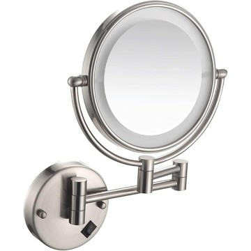 Wall Mounted Makeup Mirror with Lights, Bathroom Mirrors for Vanity 8 Inch, Cosmetic Mirror 360 Rotation Extendable Double Sided LED Lighted Shaving Mirrors (Nickel Wire Drawing USB Charging 5X)