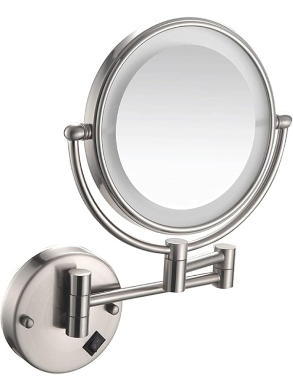 Wall Mounted Makeup Mirror with Lights, Bathroom Mirrors for Vanity 8 Inch, Cosmetic Mirror 360 Rotation Extendable Double Sided LED Lighted Shaving Mirrors (Nickel Wire Drawing USB Charging 5X)