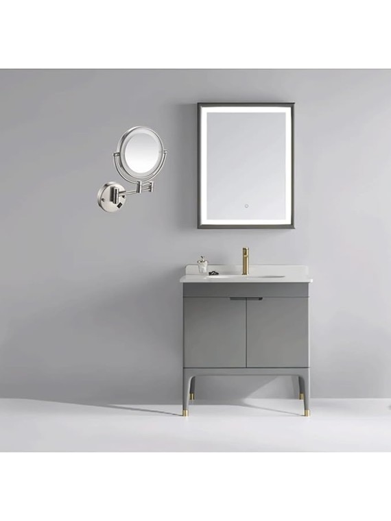 Wall Mounted Makeup Mirror with Lights, Bathroom Mirrors for Vanity 8 Inch, Cosmetic Mirror 360 Rotation Extendable Double Sided LED Lighted Shaving Mirrors (Nickel Wire Drawing USB Charging 5X)