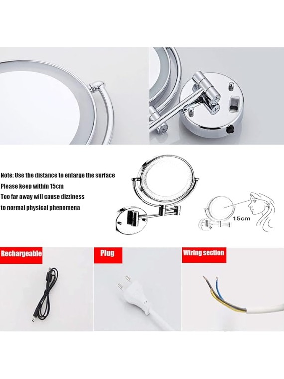 Wall Mounted Makeup Mirror with Lights, Bathroom Mirrors for Vanity 8 Inch, Cosmetic Mirror 360 Rotation Extendable Double Sided LED Lighted Shaving Mirrors (Nickel Wire Drawing USB Charging 5X)