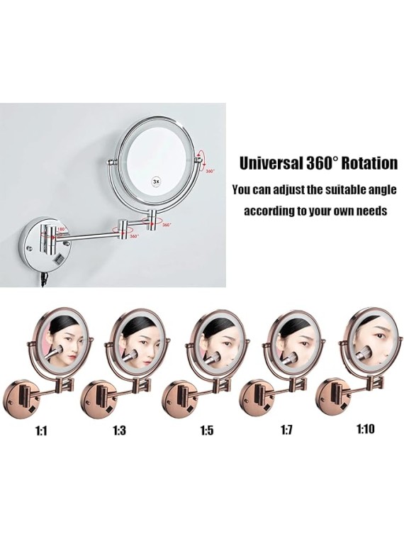 Wall Mounted Makeup Mirror with Lights, Bathroom Mirrors for Vanity 8 Inch, Cosmetic Mirror 360 Rotation Extendable Double Sided LED Lighted Shaving Mirrors (Nickel Wire Drawing USB Charging 5X)