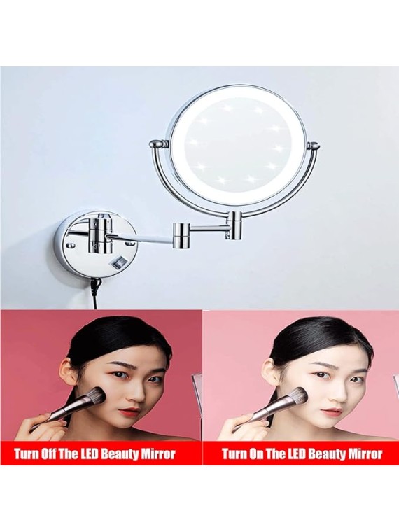 Wall Mounted Makeup Mirror with Lights, Bathroom Mirrors for Vanity 8 Inch, Cosmetic Mirror 360 Rotation Extendable Double Sided LED Lighted Shaving Mirrors (Nickel Wire Drawing USB Charging 5X)
