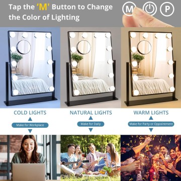 Lighted Makeup Vanity Mirror with Lights - Hollywood Desk LED Mirror with 12 Dimmable Bulbs for Bedroom Table, 3 Color Lighting Light Up Mirror, Detachable 10x Magnifying Mirror, Black