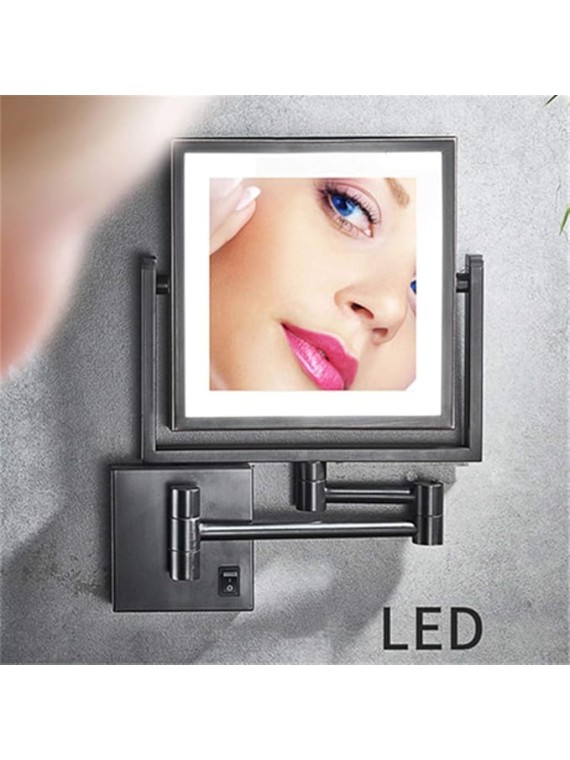 Wall Mounted Makeup Mirror Vanity Mirror LED Lighted with 3X Magnification Square Double-Sided Shaving Mirror 360° Free Rotation Extendable and Black Finished for Bathroom, Spa and Hotel