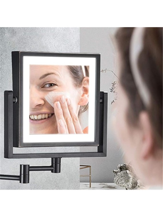 Wall Mounted Makeup Mirror Vanity Mirror LED Lighted with 3X Magnification Square Double-Sided Shaving Mirror 360° Free Rotation Extendable and Black Finished for Bathroom, Spa and Hotel