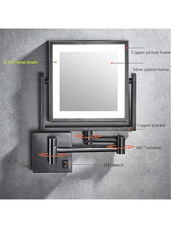 Wall Mounted Makeup Mirror Vanity Mirror LED Lighted with 3X Magnification Square Double-Sided Shaving Mirror 360° Free Rotation Extendable and Black Finished for Bathroom, Spa and Hotel