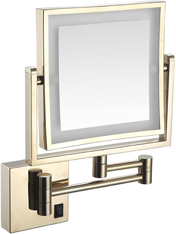 Makeup Mirror with Light, 360° Swivel Bathroom Shaving Mirror Wall-Mounted 3X Magnifying Mirror Double-Sided Extendable Mirror 8" Square Gold Vanity Mirror, USB Rechargeable