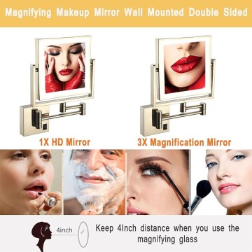 Makeup Mirror with Light, 360° Swivel Bathroom Shaving Mirror Wall-Mounted 3X Magnifying Mirror Double-Sided Extendable Mirror 8" Square Gold Vanity Mirror, USB Rechargeable