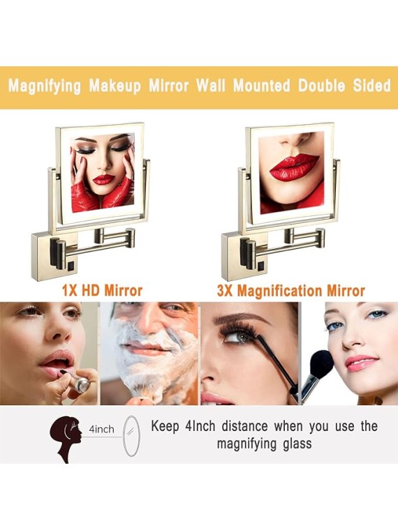 Makeup Mirror with Light, 360° Swivel Bathroom Shaving Mirror Wall-Mounted 3X Magnifying Mirror Double-Sided Extendable Mirror 8" Square Gold Vanity Mirror, USB Rechargeable
