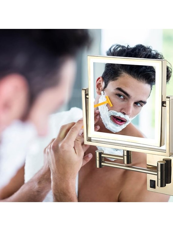 Makeup Mirror with Light, 360° Swivel Bathroom Shaving Mirror Wall-Mounted 3X Magnifying Mirror Double-Sided Extendable Mirror 8" Square Gold Vanity Mirror, USB Rechargeable