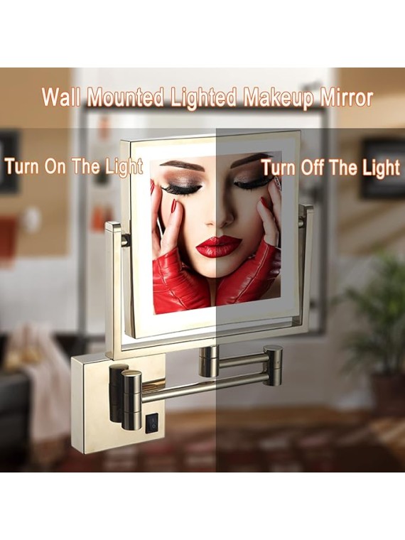 Makeup Mirror with Light, 360° Swivel Bathroom Shaving Mirror Wall-Mounted 3X Magnifying Mirror Double-Sided Extendable Mirror 8" Square Gold Vanity Mirror, USB Rechargeable