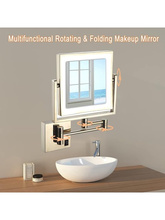 Makeup Mirror with Light, 360° Swivel Bathroom Shaving Mirror Wall-Mounted 3X Magnifying Mirror Double-Sided Extendable Mirror 8" Square Gold Vanity Mirror, USB Rechargeable