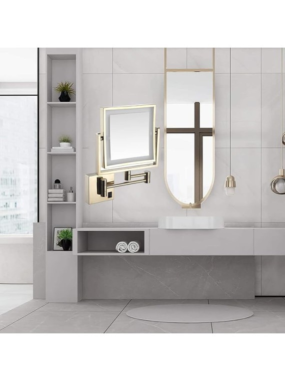 Makeup Mirror with Light, 360° Swivel Bathroom Shaving Mirror Wall-Mounted 3X Magnifying Mirror Double-Sided Extendable Mirror 8" Square Gold Vanity Mirror, USB Rechargeable