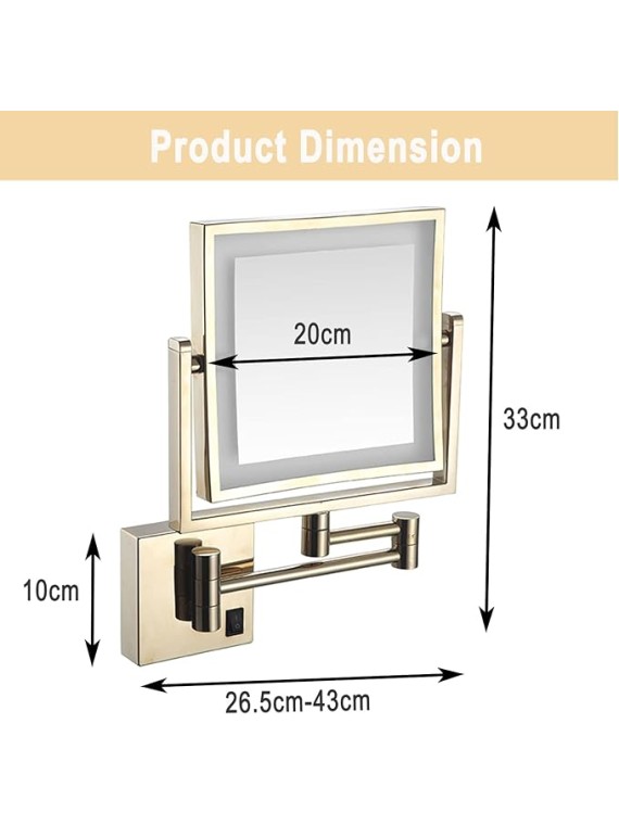 Makeup Mirror with Light, 360° Swivel Bathroom Shaving Mirror Wall-Mounted 3X Magnifying Mirror Double-Sided Extendable Mirror 8" Square Gold Vanity Mirror, USB Rechargeable