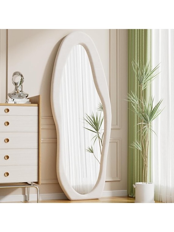 Full Length Mirror, 63" x 24"Irregular Mirror, Large Floor Length Mirrors Wall Mounted, Standing Mirrors with Flannel Wrapped Wooden Frame for Bedroom/Living Room, White