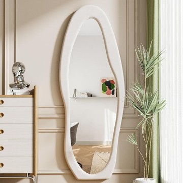 Full Length Mirror, 63" x 24"Irregular Mirror, Large Floor Length Mirrors Wall Mounted, Standing Mirrors with Flannel Wrapped Wooden Frame for Bedroom/Living Room, White