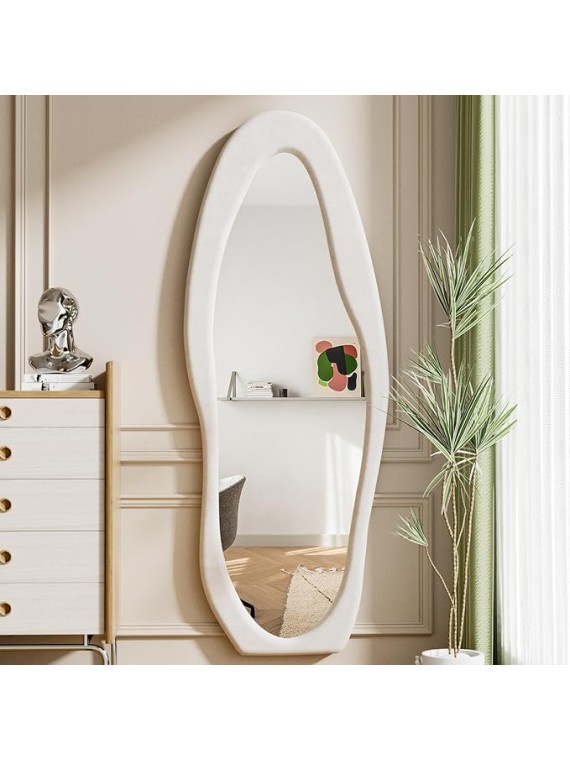 Full Length Mirror, 63" x 24"Irregular Mirror, Large Floor Length Mirrors Wall Mounted, Standing Mirrors with Flannel Wrapped Wooden Frame for Bedroom/Living Room, White