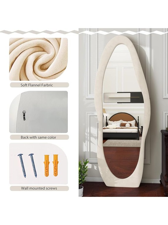 Full Length Mirror, 63" x 24"Irregular Mirror, Large Floor Length Mirrors Wall Mounted, Standing Mirrors with Flannel Wrapped Wooden Frame for Bedroom/Living Room, White